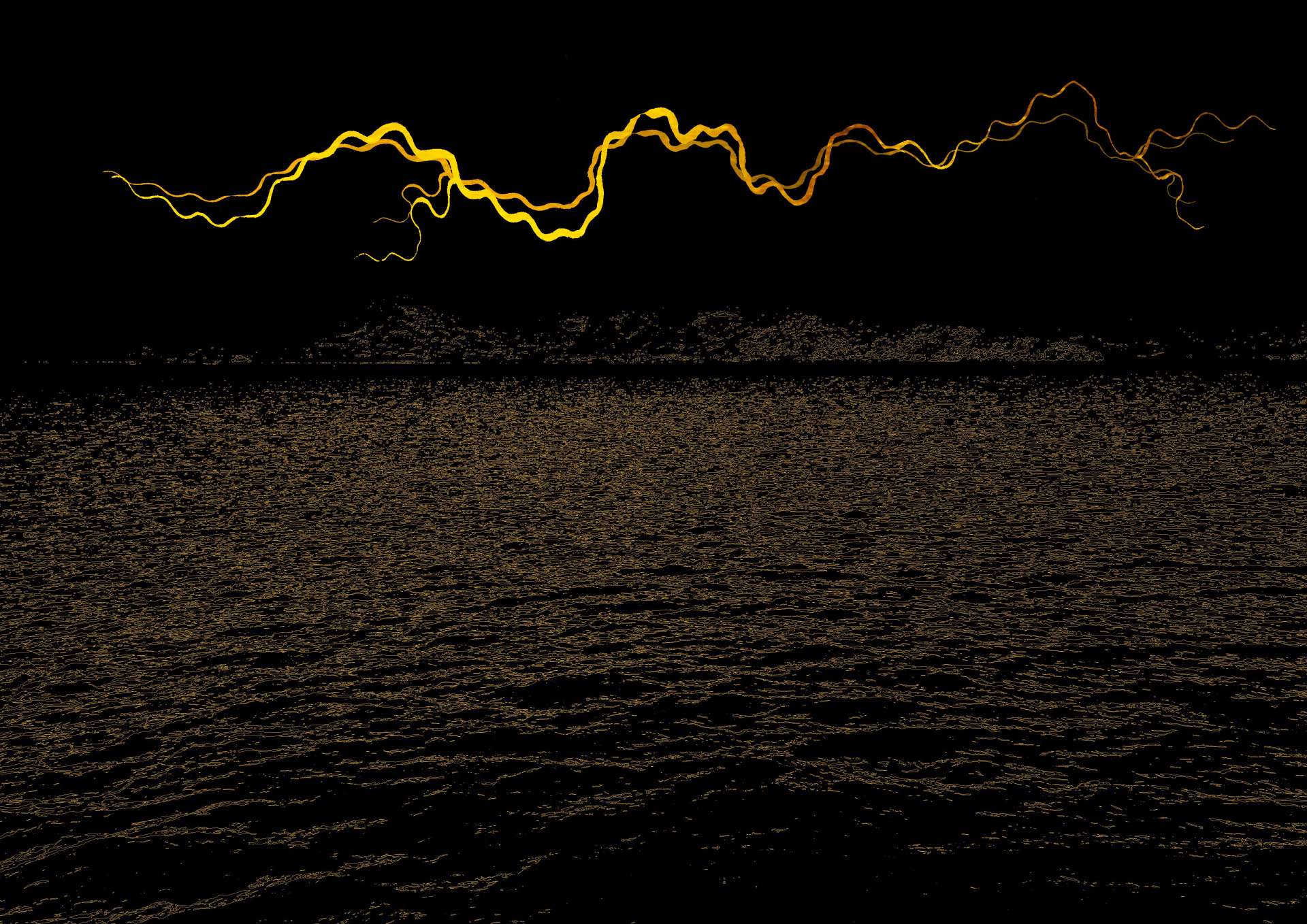 a black sky with a long lightning strike zigzagging across, casting a glow over the calm sea